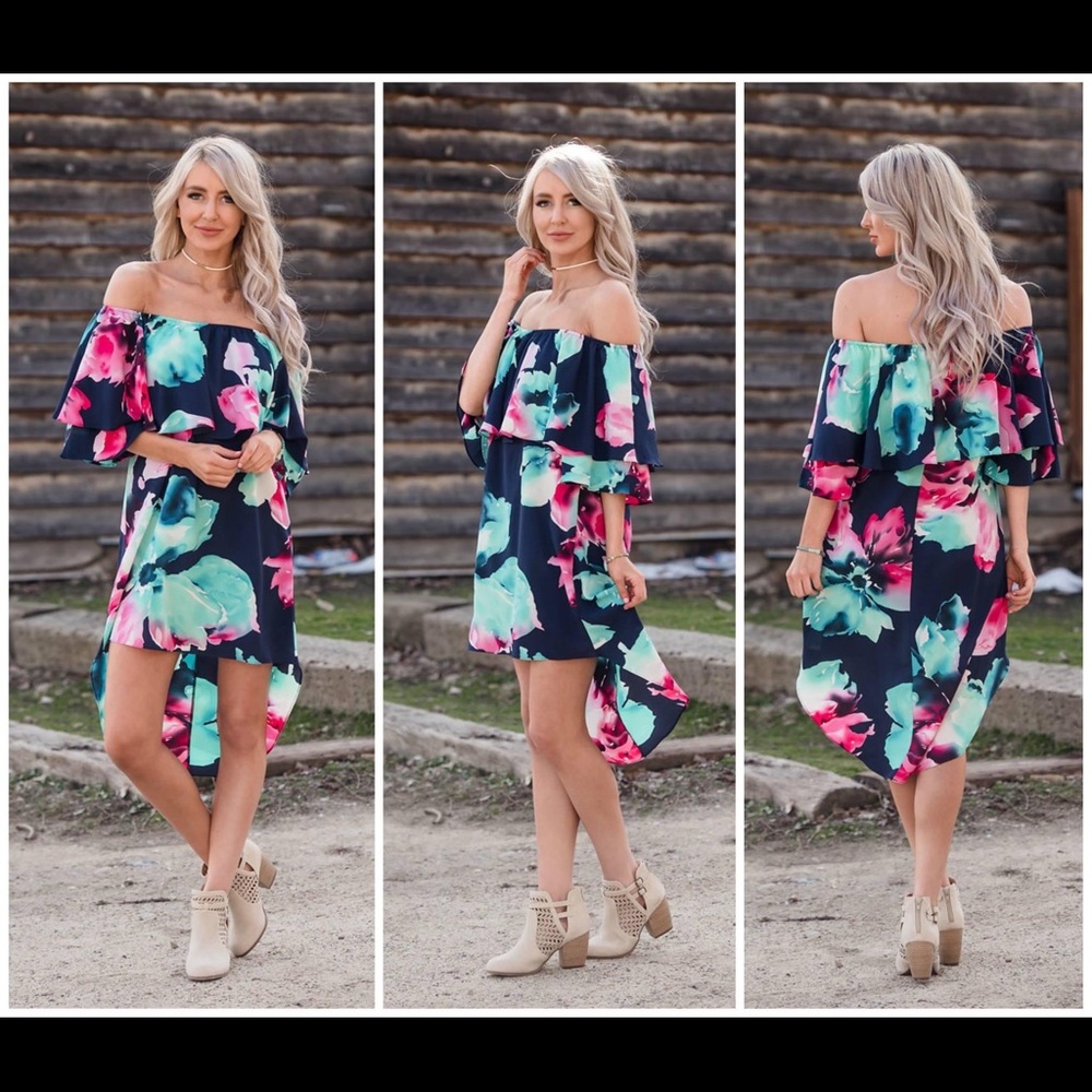 Beautiful Floral Off Shoulder High Low Ruffle Dress